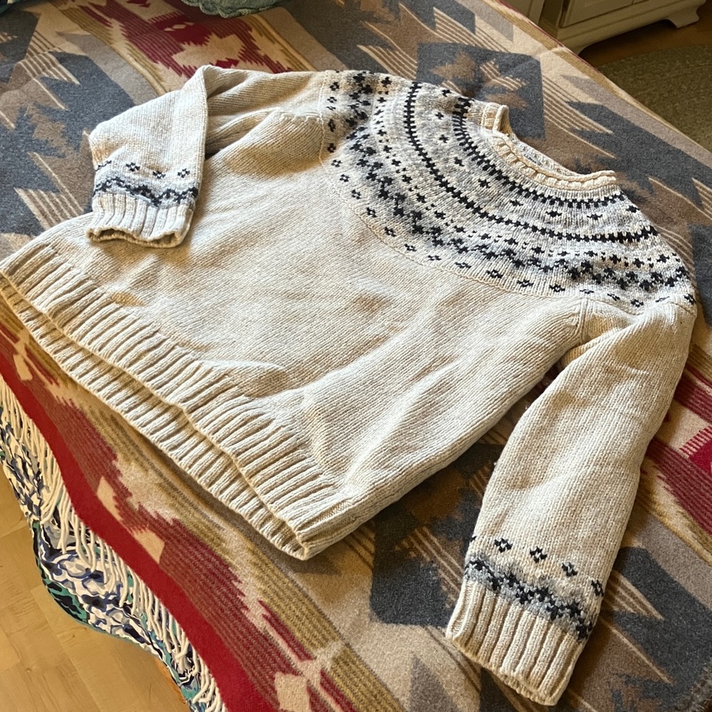 Cozy Beige Knit Sweater with Patterned Yoke